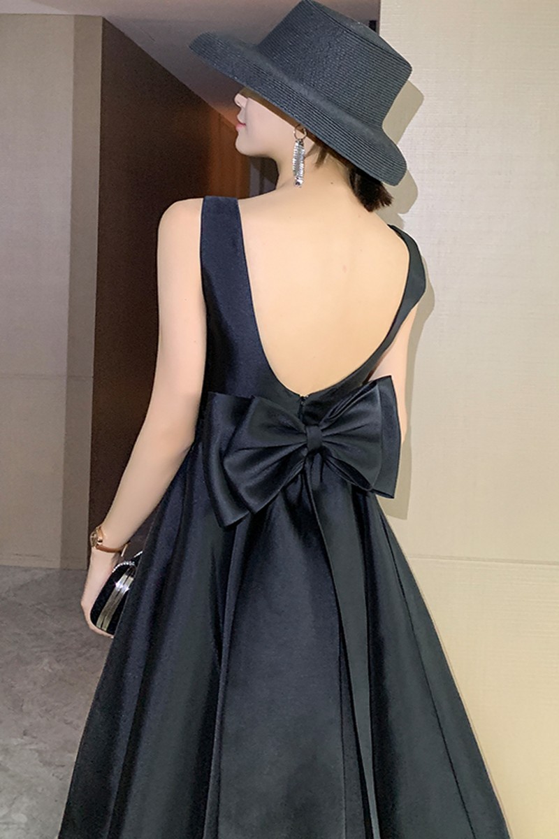 Black A-line Ankle Length Prom Dresses Abendkleider Dubai Backelss Formal Party Dress Bow Satin Simple Evening Gown robe de soiree 2022