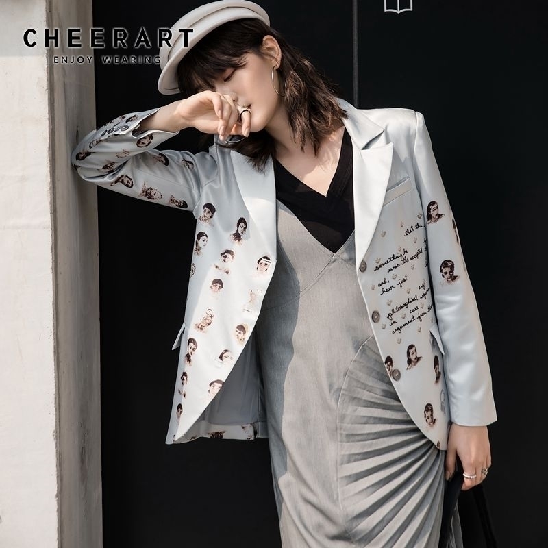 CHEERART Spring Casual Blazer Women Jacket Grey Letter Character Print High Fashion Blazer Coat Button Up 201201