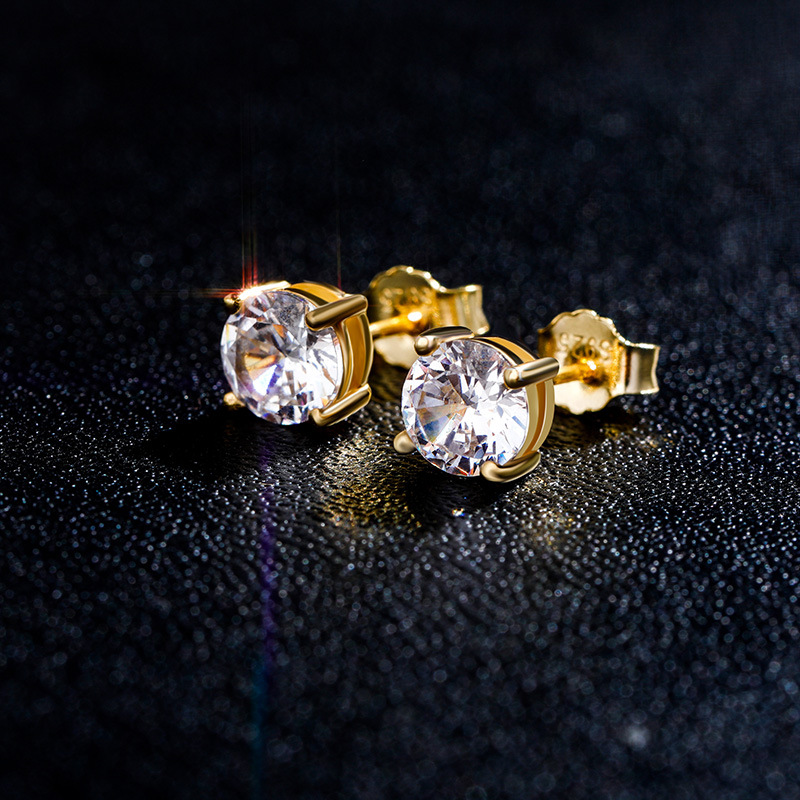 S925 Sterling Silver Stud Earrings Bling White Zircon Diamond Stone 18K Real Gold Plated Jewelry