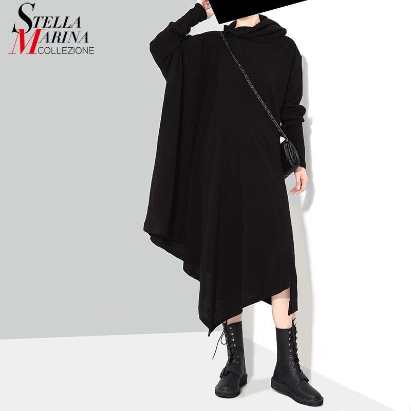 Solid Black Woman Autumn Winter Long Asymmetric Knitted Sweater Dress Full Sleeve Plus Size Stretch Ladies Dress Robe Style 1803 201110