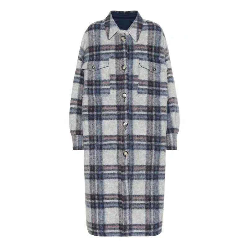 Blue Plaid Trench Coat Women 2020 Spring Autumn New Casual Korean Fashion Lapel Wool Over The Knee Long Coat Z220 T200828