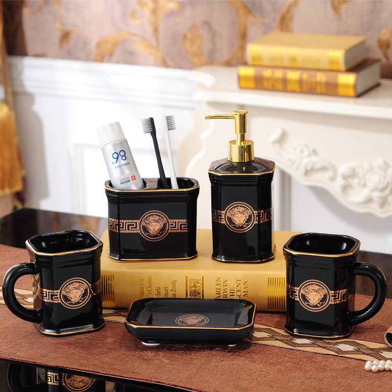 Bathroom Accessories Set Ceramic Toothbrush Holder Soap Dispenser Gargle Cup Soap Dish With Tray Wedding Gifts Bathroom Product T200518