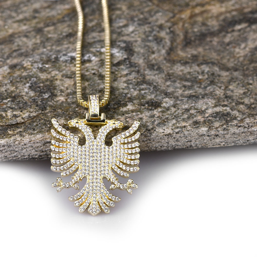 Albania Eagle Pendant Necklace Iced Kosova Serbia Double-headed Eagle CZ Paved Statement Hiphop Jewelry Men Women Ethnic Gifts 201014