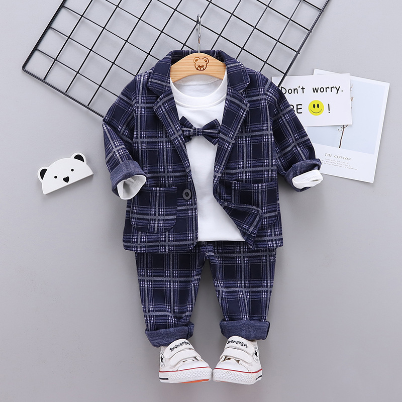 BOY'S Tailored Suit Spring and Autumn New Style Children Plaid Suit Formal Dress Long Sleeve Korean-style CHILDREN'S Three-pieceX1019