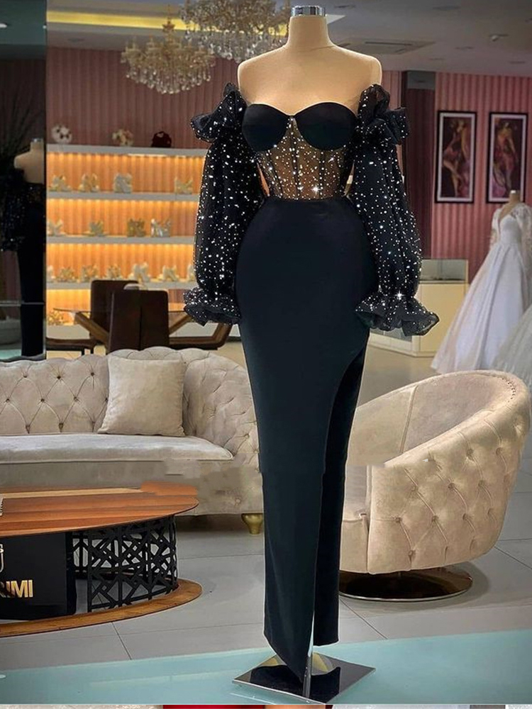2022 Sparkly Black Sheath Formal Evening Dresses Illusion Corset Long Sleeve Night Prom Dress Sweetheart Off Shoulder Exposed Boning High Slit Pageant