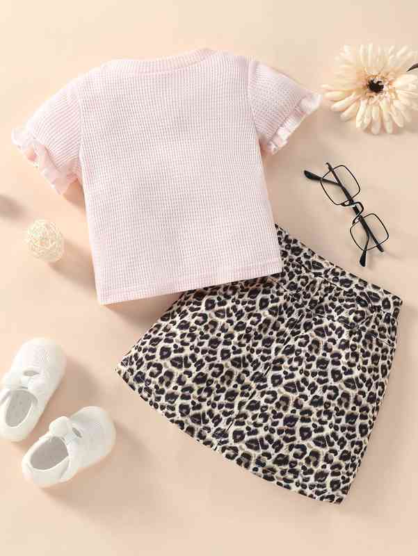 Baby Waffle Knit Frill Trim Tee & Leopard Skirt SHE