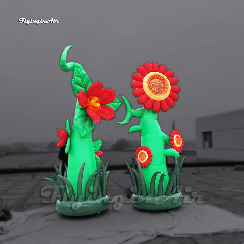 Theme Park Decorative Inflatable Flowers 3m Simulation Plants Red Blow Up Sunflower Balloon For Stage Decoration