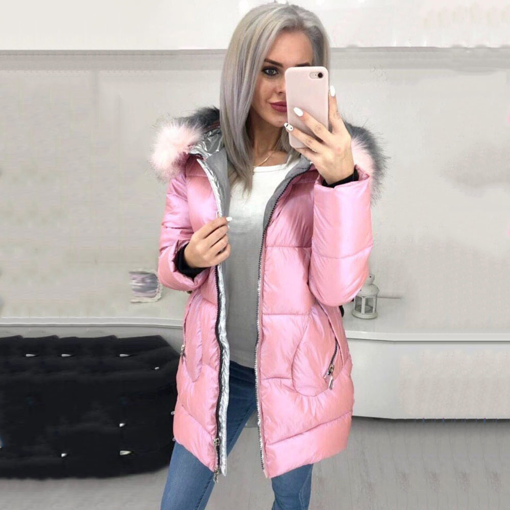 Padded Down Jacket Women Winter Coat Warmness Plus Size Pink Overcoat Cotton Parka Basic Jackets Thick Fleece Fur Hood Outwear 201019