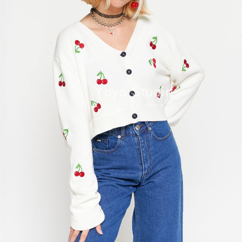 New Sweet Cute Kawaii Pink Cherry Embroidery Women Autumn Knitted Cardigan Tops Chic V-neck Single-breasted Sweaters 201017
