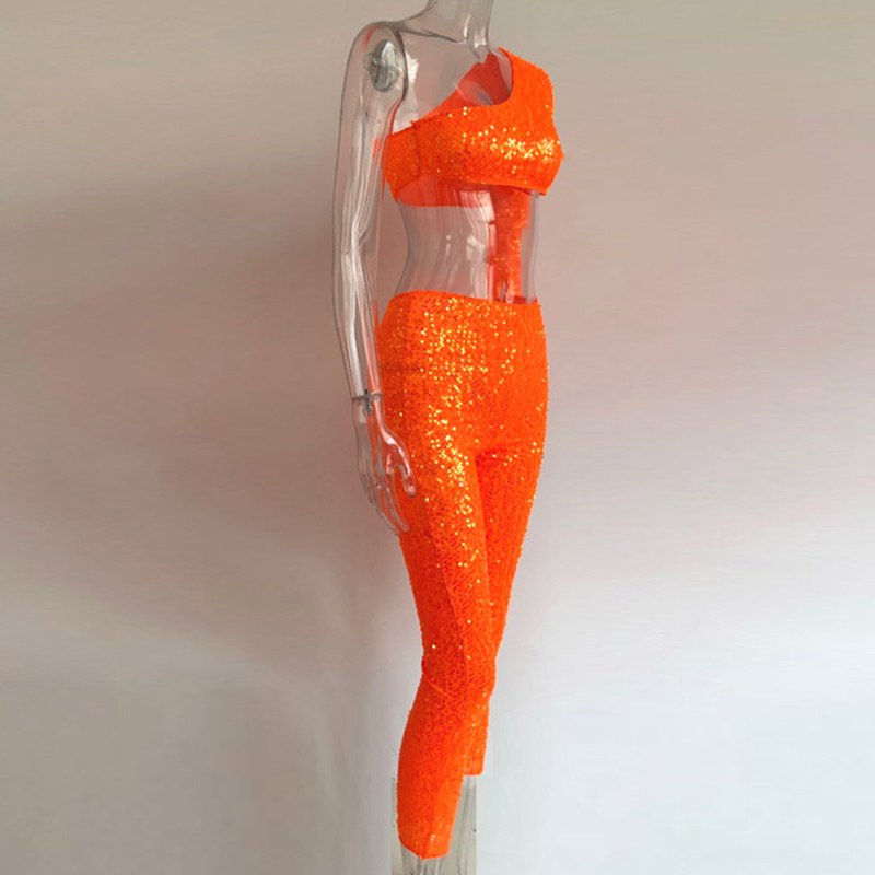 Shiny Orange Sequins Two 2 Piece Set One Shoulder Slope Long Sleeve Crop Top Mid-Calf Pencil Pants 2 Pcs Outfits Party Clubwear T200810
