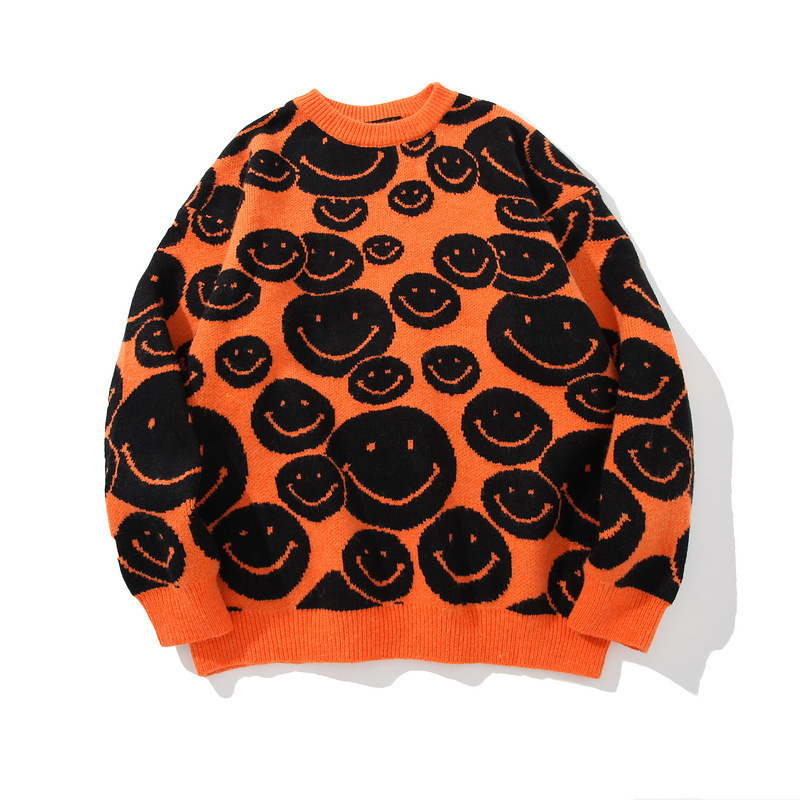 ELKMU Smile Face Printed Knitted Sweaters Winter Harajuku Casual Knitwear Jumper Sweater Hip Hop Streetwear Men Tops WE051 201221