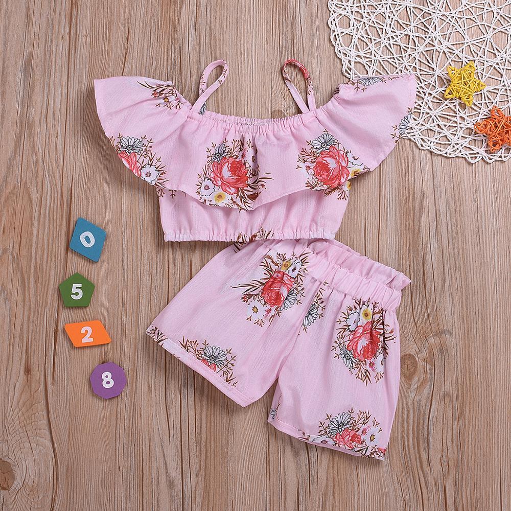 Humor Bear Girl Clothes Set Baby Summer Clothes Toddler Baby Kids Clothes Sling Floarl Off Shoulder Ruffled Top+ Pant 2pcsX1019