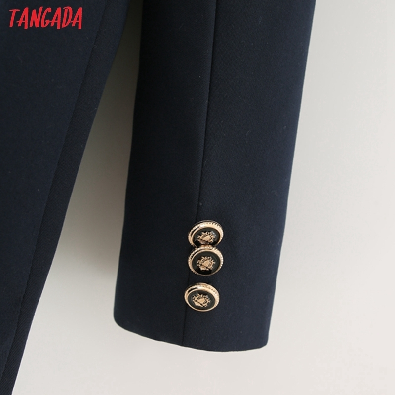 Tangada Women Fashion Fit Navy Blazer Coat Vintage Double Breasted Long Sleeve Female Outerwear Chic Tops DA170 201114