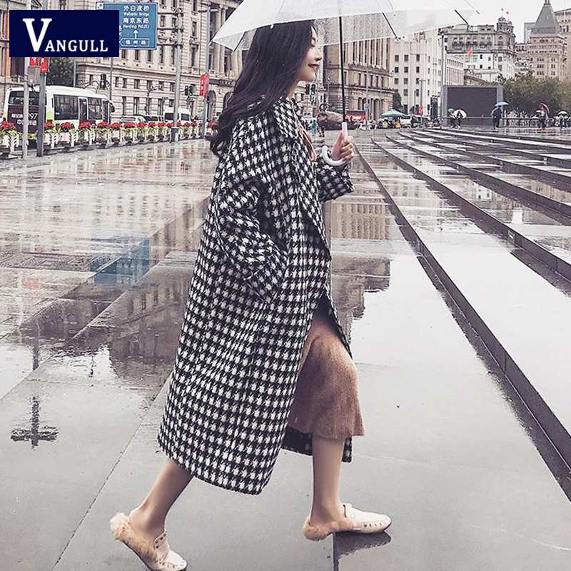 Vangull Winter Plaid Women Wool Coats Turndown Collar Loose Thick Long Jackets Women New Warm Black White Plaid Outerwear 201112
