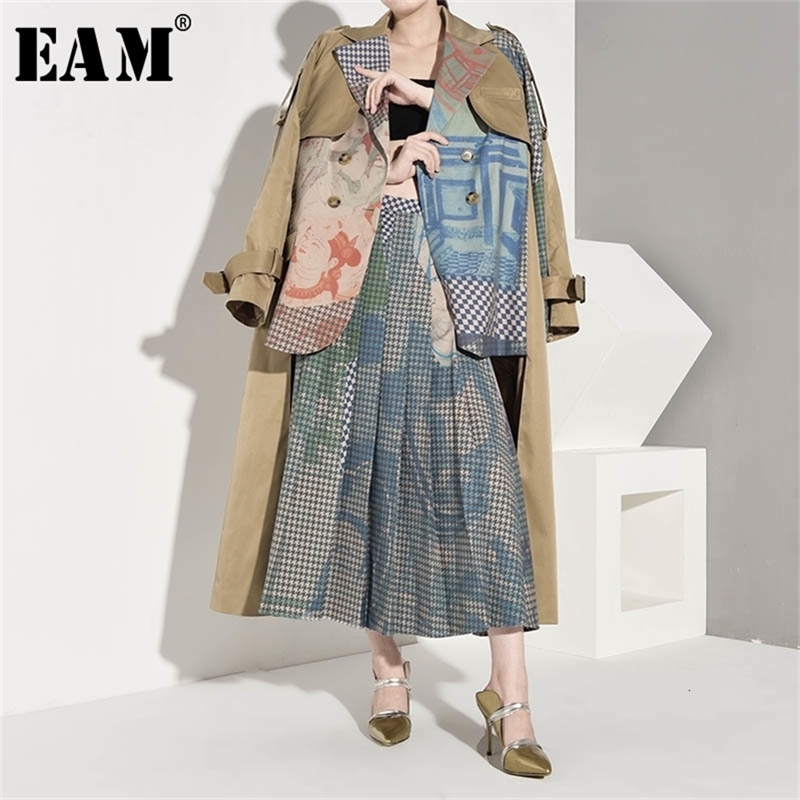 [EAM] Women Asymmetrical Big Size Print Trench New Lapel Long Sleeve Loose Fit Windbreaker Fashion Spring Autumn 1B7390 201211