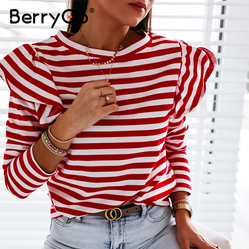 BerryGo Causal Long Sleeve Red White Striped Tops For Female Autumn Winter Ruffled Base Shirt Streetwear O-neck Women Tops 201028
