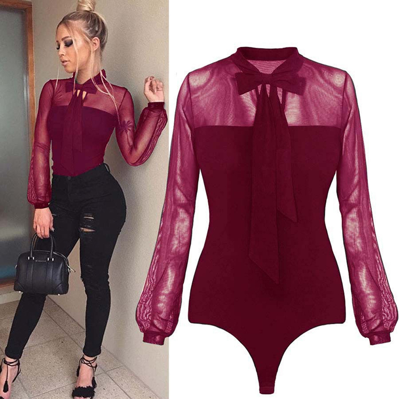 New Summer Bodysuit Women Sexy Bow Mock Neck Patchwork Long Sleeve Back Ladies Lace Mesh Bodysuit Transparent Tops T200116