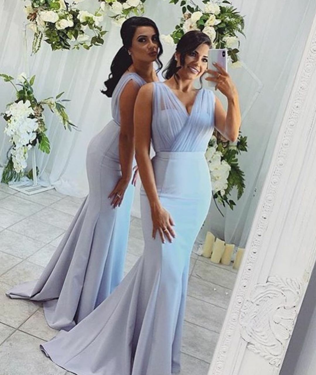 2020 Sky Blue Mermaid Bridesmaid Dresses Plus Size V Neck Maid of Honor Dress Customise Party Prom Gowns Cheap