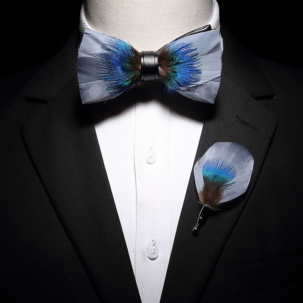 Ricnais New Original Feather Bow Tie Brooch Set White Bule Colorful Handmade Exquisite Bowtie For Men Wedding Ties Gift with Box 201027