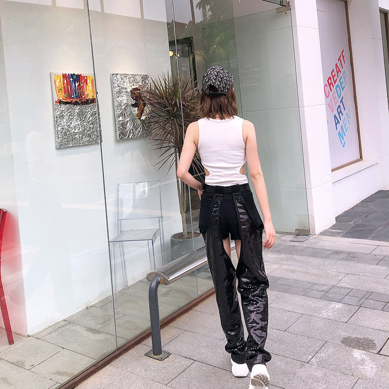 Women Streetwear Cargo Jogger Patchwork High Waist Belt Denim Short Hollow Sexy Sequin Pant Punk Hip Hop Ballroom Black Harem T200422