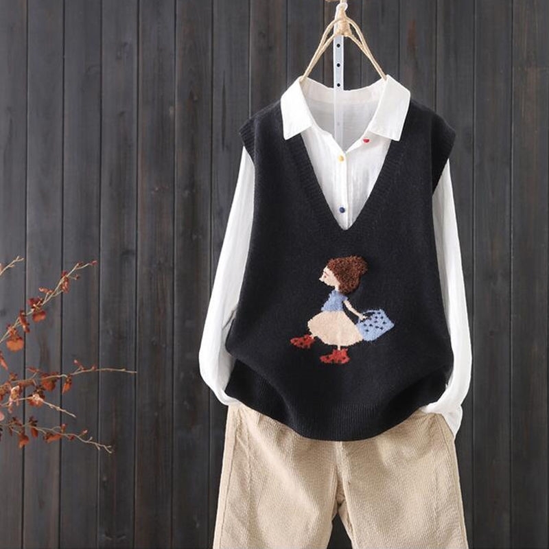 Loose V-neck Knitted Sweater Vest Female Cartoon Embroidery Pattern Sleeveless Simple Commuter Fashion Sweater Vest Women Spring 201111