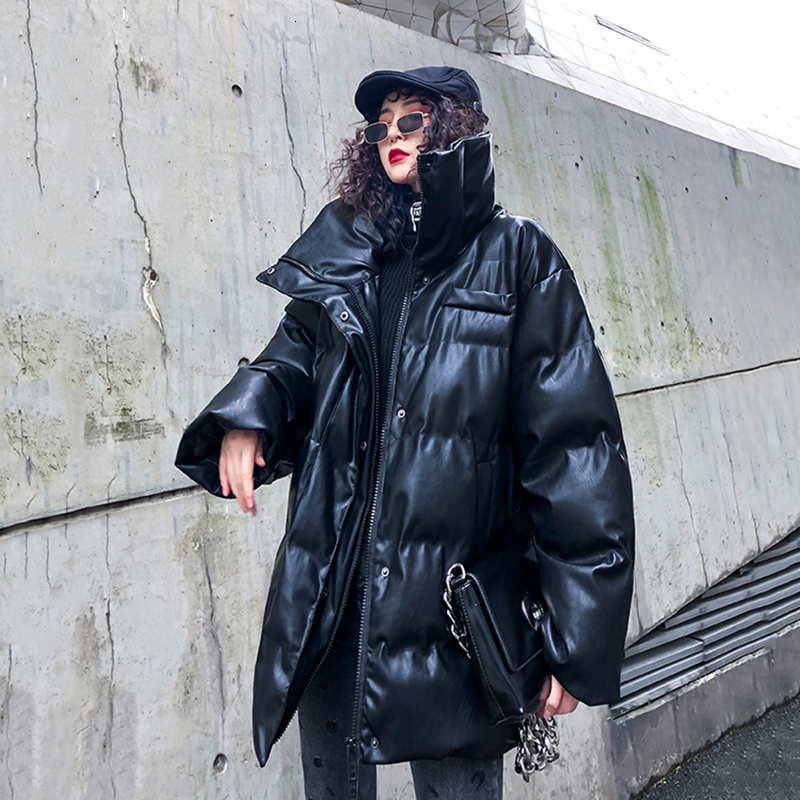 EAM Black Pu Leather Big Size Cottonpadded Coat Long Sleeve Loose Fit Women Parkas Fashion Autumn Winter 19Aa6 201017