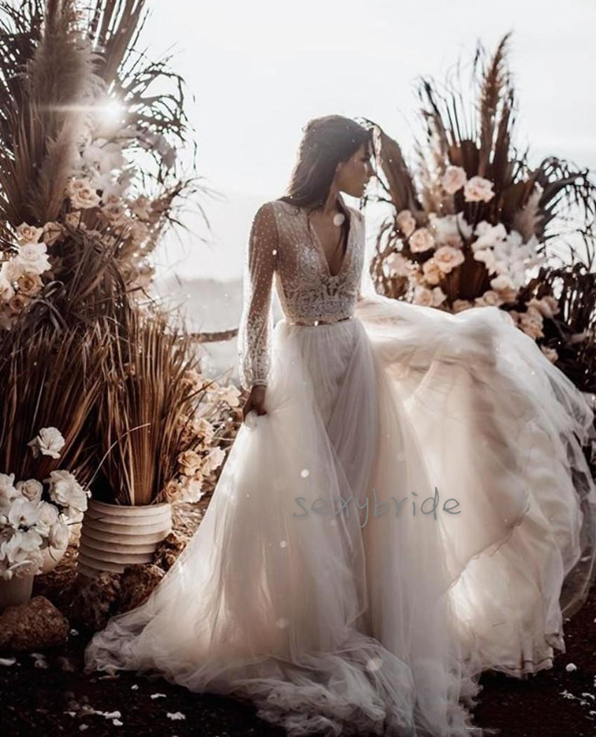 Two Piece Bohemian Dresses Puffy Tulle Skirt wy Boho Beach Wedding Dress Illusion Long Sleeve Country Bridal Gowns Newest