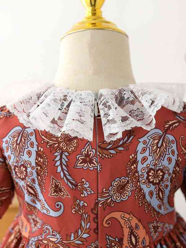 Baby Paisley Print Contrast Lace Puff Sleeve Ruffle Trim Bow Dress SHE