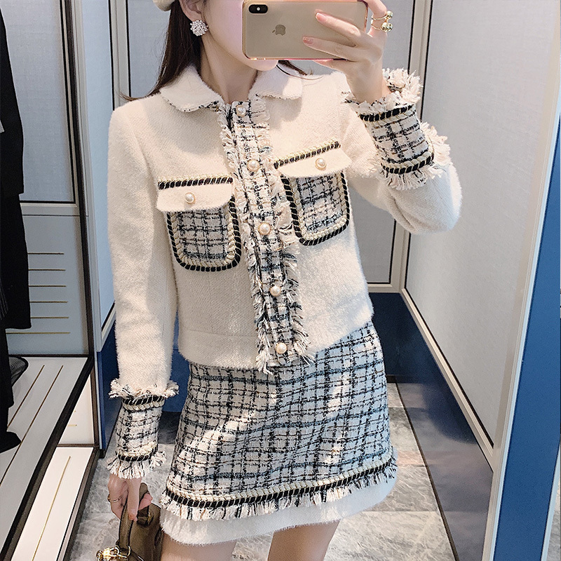 Winter Two-piece Faux Mink Cashmere Patchwork Tweed Set Woolen Tassels Trim Pearl Pocket Jacket Coat + Mini Plaid Skirt Set 201030