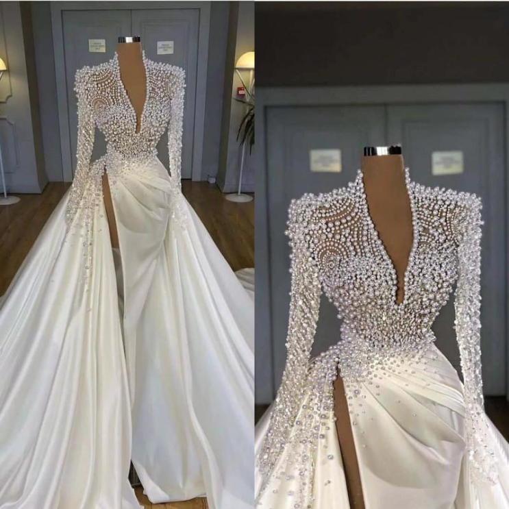 Vintage 2022 Plus Size Pearls Mermaid Wedding Dresses Bridal Gowns With Detachable Train V Neck Long Sleeve High Side Split Robe de