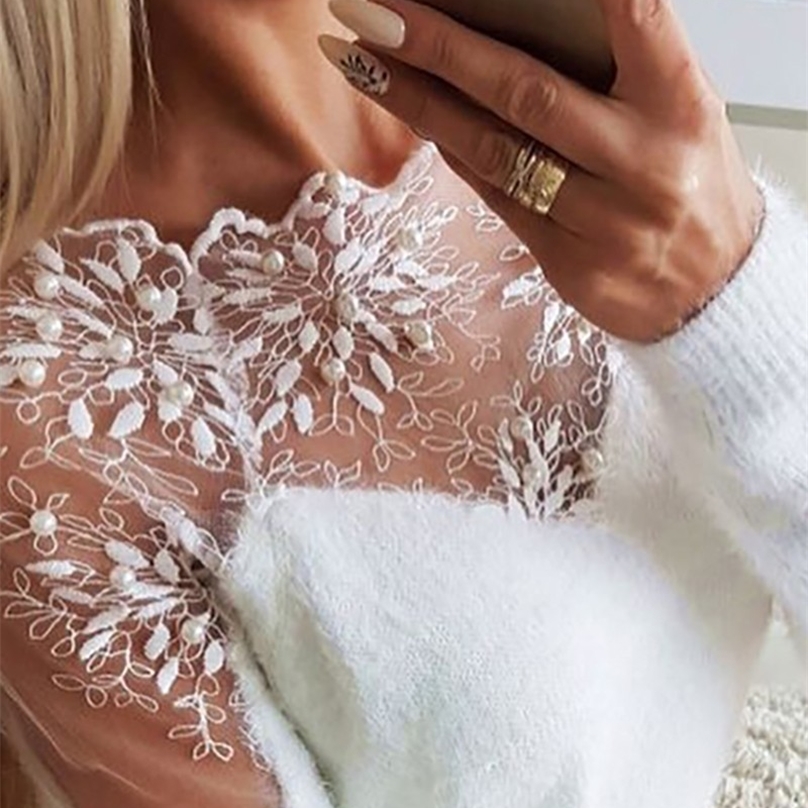 Autumn Winter Women Elegant Solid Color Sweaters Sexy Off Shoulder Lace Pullovers Tops Ladies Casual Long Sleeve Knitwear 201225