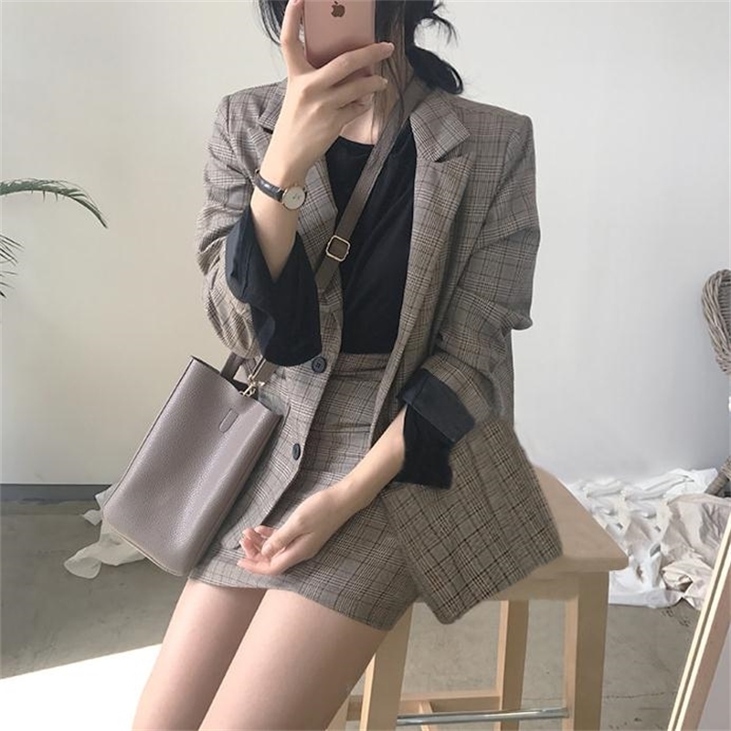 korea chic blazer coat plaid mini skirt suit women jacket suit office lady jacket high waist skirt 2 piece set women 201109