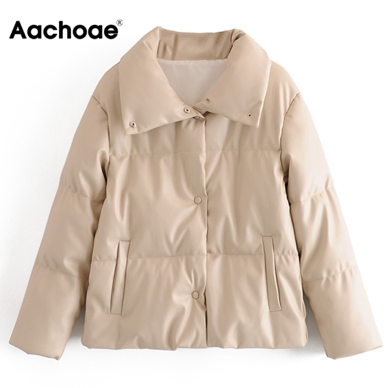 Women PU Leather Parkas Fashion High Street Solid Faxu Leather Coats Elegant Winter Thick Cotton Jackets Loose Outerwear 200928
