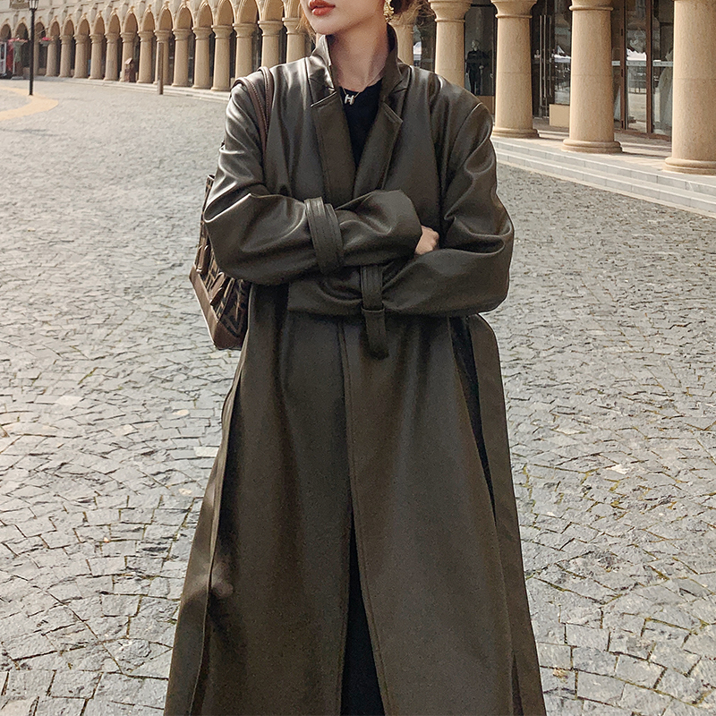 FORYUNSHES Winter Women's PU Windbreaker Notched Collar Fall New Fashion Belt Trench Coat Ladies Faux Leather Long Coats 201030