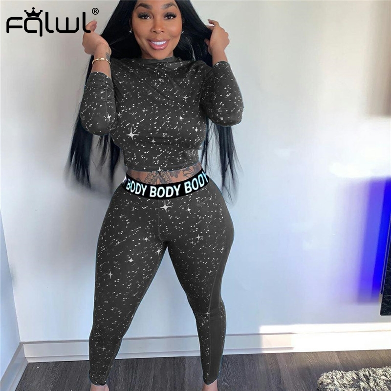 FQLWL Star Print Autumn Two 2 Piece Set Women Outfits Long Sleeve Crop Top Leggings Women Matching Sets Ladies Tracksuit Female 201007