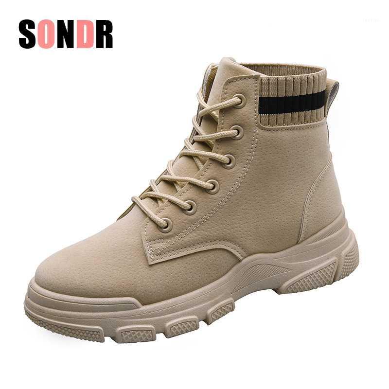 Womens Autumn Winter Ankle Boots Lace Up Flat Heels Fur Cotton Padded Platform Shoes Woman Leather Botas Mujer1, Beige