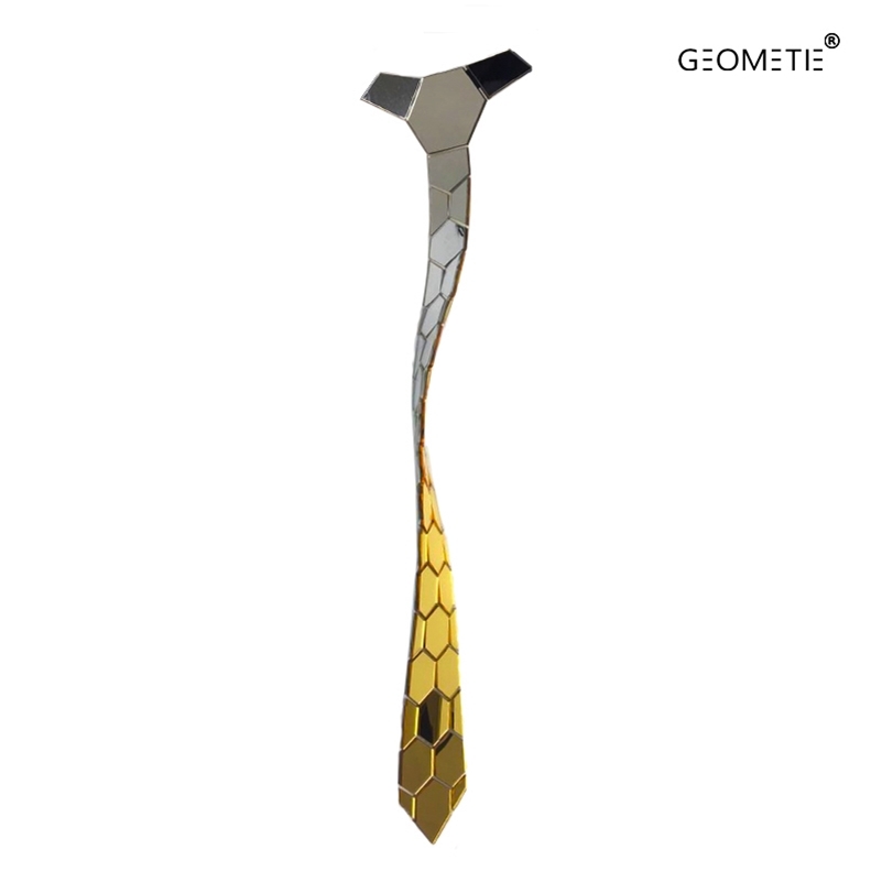 Reversible Mirror Necktie Gold n One side Silver Classy Hexagons Lover Gift Acrylic Shining Ties Slim Tie Clip Set 201027