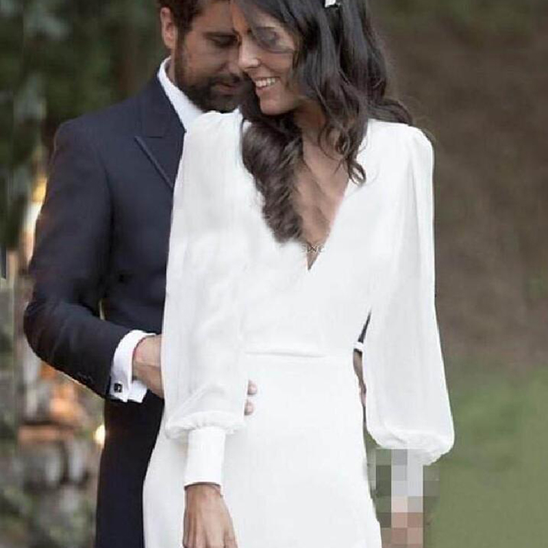 2021 Sheath Chiffon Wedding Dresses Country Bridal Gowns Long Sleeves V Neck Backless Buttons Elegant Beach Bride Dress Vestidos De Novia