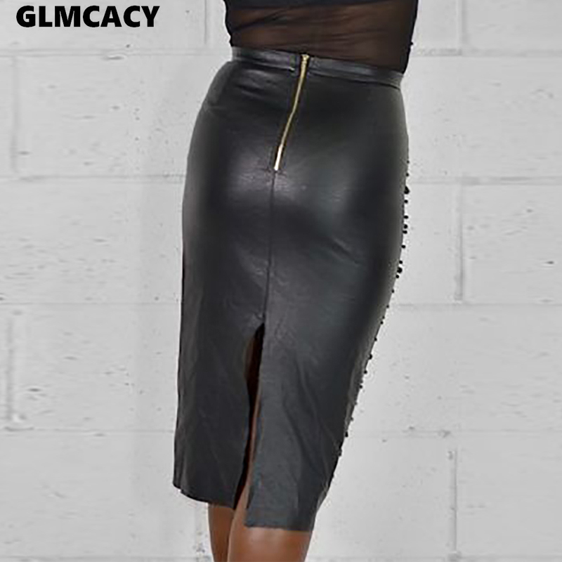 Women High Waist Beading PU Faux Leather Pencil Skirt Sexy Club Bandage Skirt Faldas Jupe T200324