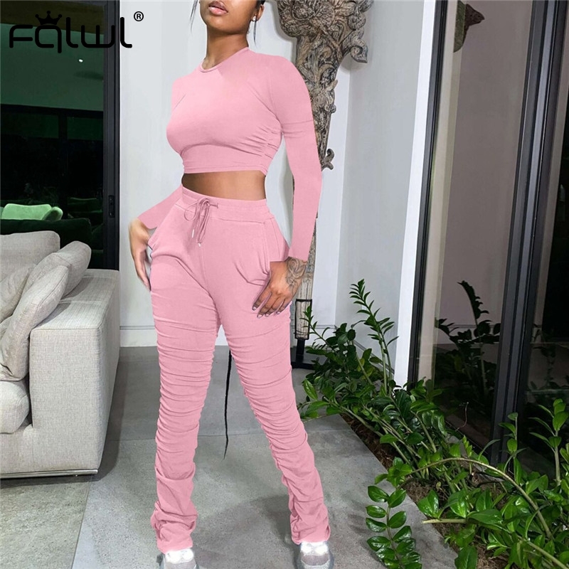 FQLWL Streetwear Autumn Two 2 Piece Set Women Outfits Long Sleeve Crop Top Female Stacked Leggings Pants Ladies Tracksuit Women 201007