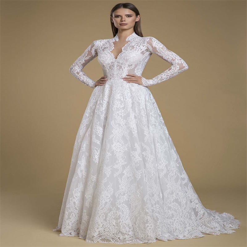 Fall Winter A Line Wedding Dresses Long Sleeves Full Appliqued Lace Country Bridal Gowns Custom Made Robes De Mariée Sweep Train