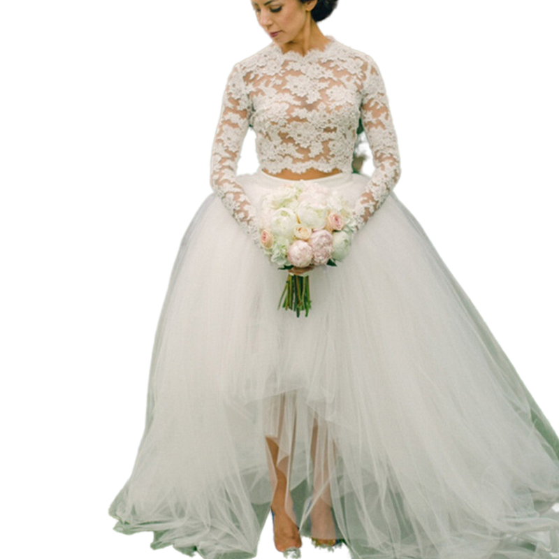 Two Pieces High Low A Line Wedding Dress Sexy See Through Top Lace Long Sleeve Boho Beach Bridal Gowns Fancy Ivory Tulle Bride Wedding Dresses robes d