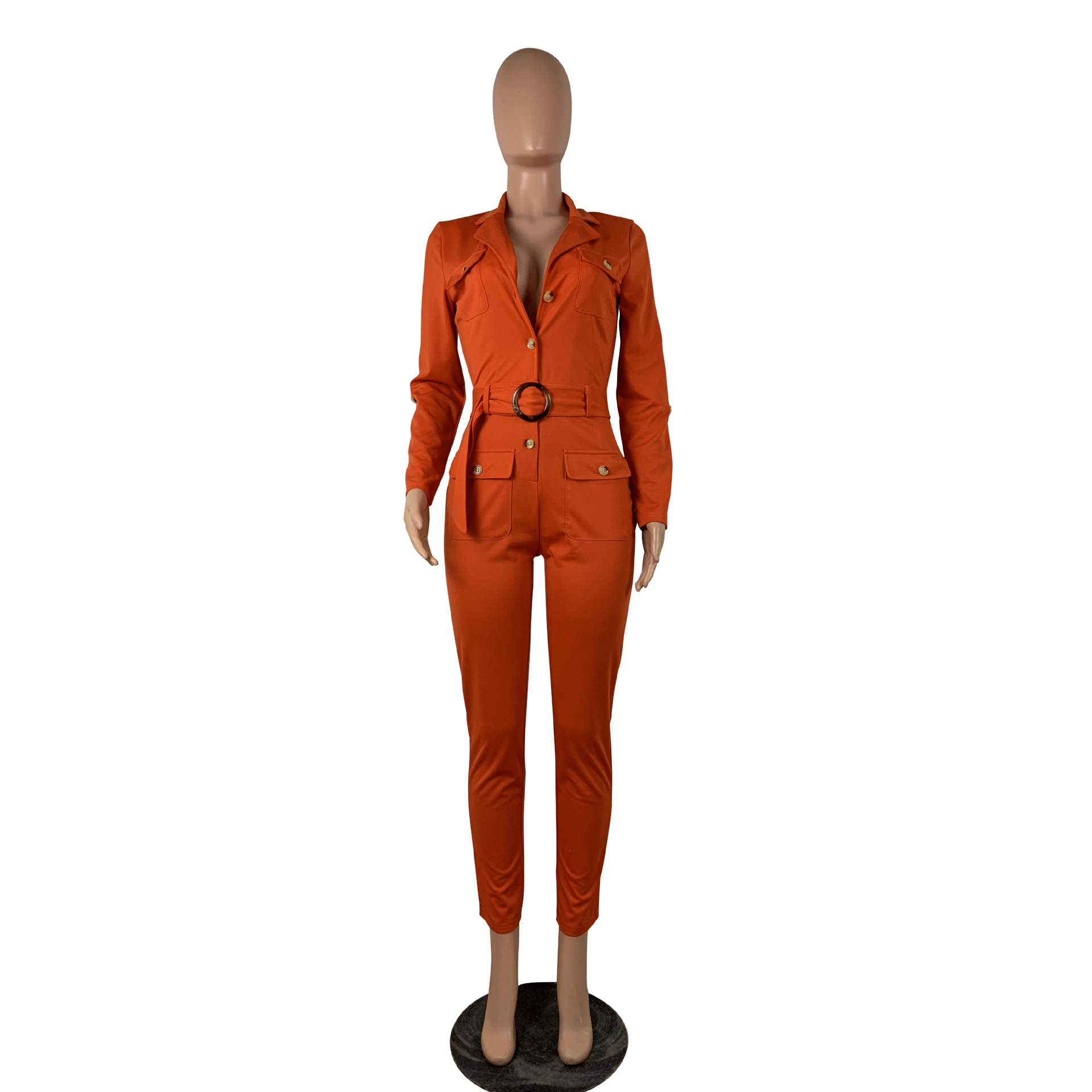 Jumpsuits Spot street 2021 European American autumn and winter models lapel pocket button belt cardigan jumpsuit