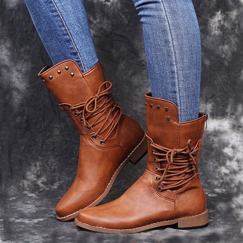 Women Flat Pu Cowboy Boots Female Cross-tie Rivet Mid-Calf Boots Autumn Winter Woman Low Square Heel Shoes Black Brown1
Women Flat Pu Cowboy Boots Female Cross-tie Rivet Mid-Calf Boots Autumn Winter Woman Low Square Heel Shoes Black Brown1