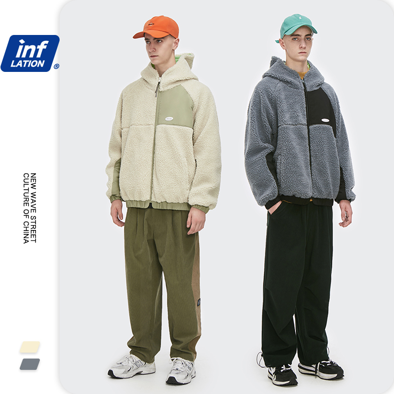 INFLATION Mens Winter Warm Parkas Coat Korean Style Stitching Color Lamb Oversized Jacket Coat Mens Thicken Outwear 2546W 201123