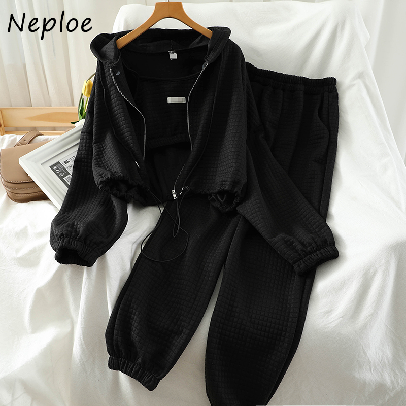 Neploe 3 Piece Set Solid Color Zip Hooded Drawstring Sweatshirts + Sexy Camis + Stretch Waist Casual Pants Fashion Suit 201119
