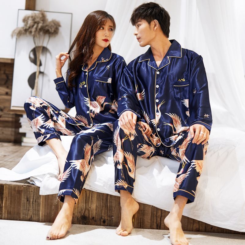 CAIYIER Winter Couple Pajamas Set Silk Loves Print Long Sleeve Sleepwear Men & Women Casual Big Size Lovers Nightwear M-5XL 201027