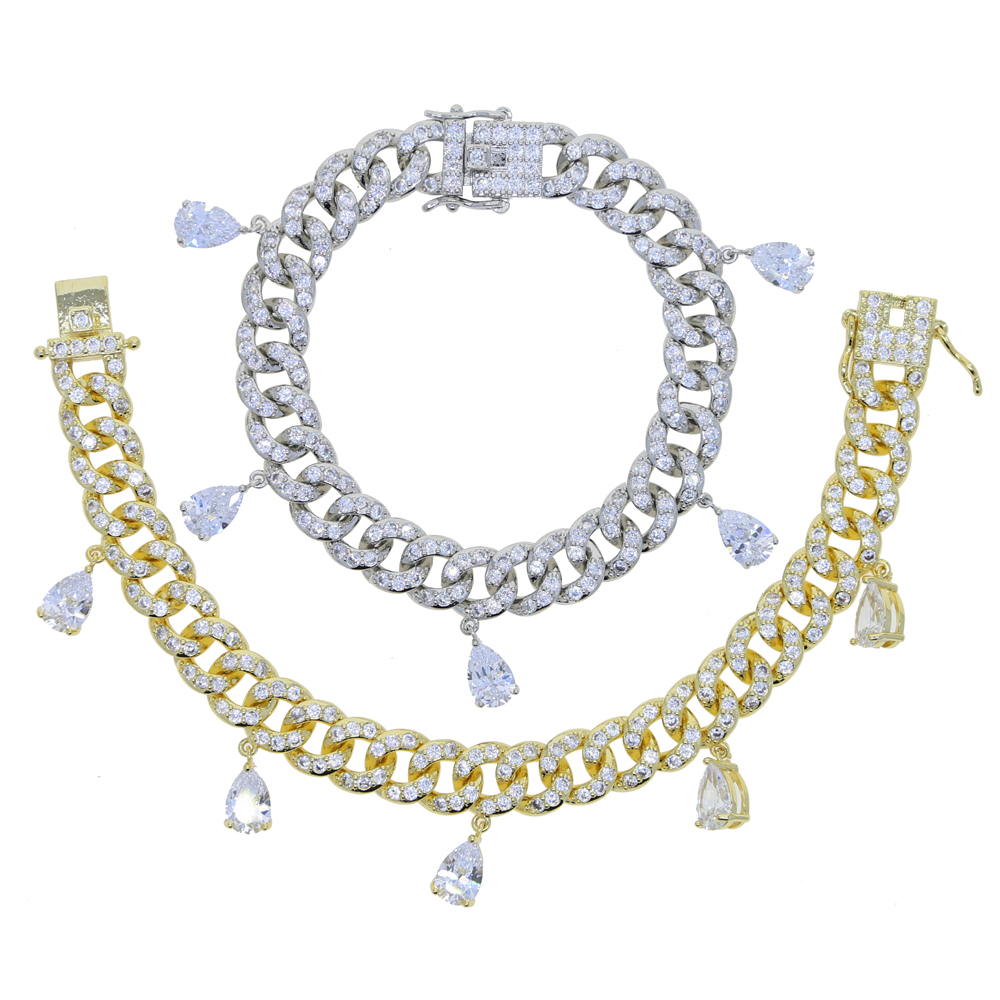 Hip Hop Bling Iced Out Women Rapper Bracelet Full Rhinestone Pave with Tear Drop Cz Miami Cuban Link Chain Bracelet Jewelry Wholesale