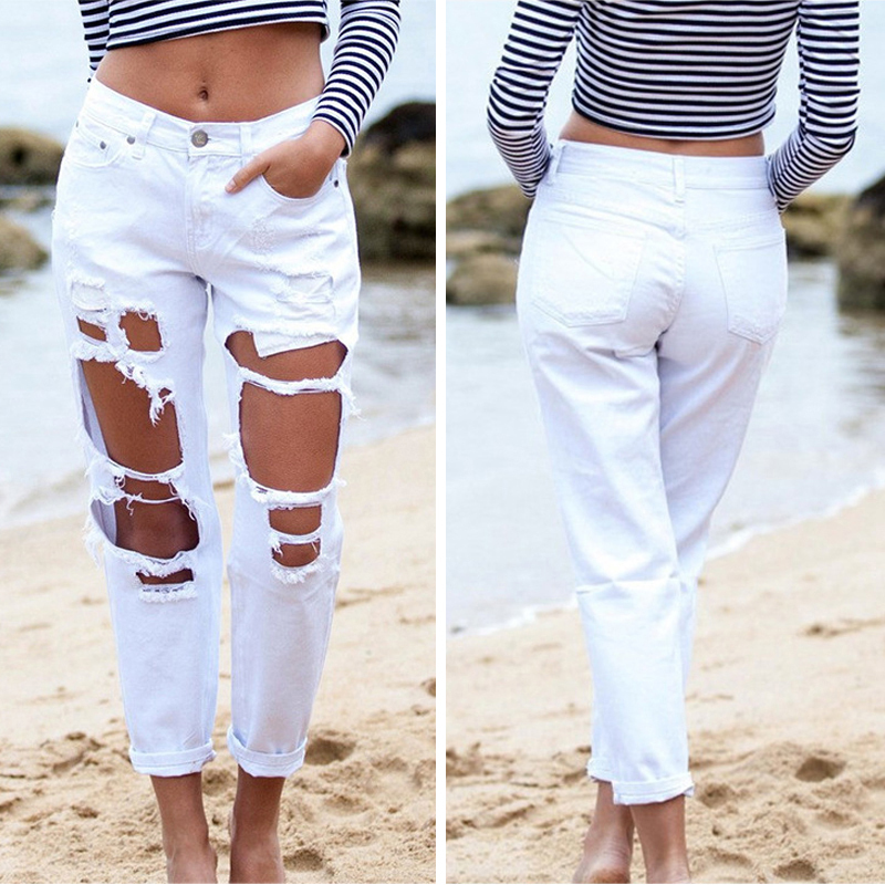Boyfriend Ripped Mom Jeans For Women High Waist Straight Hole Jeans Streetwear White Black Blue Plus Size Denim Pants 200930