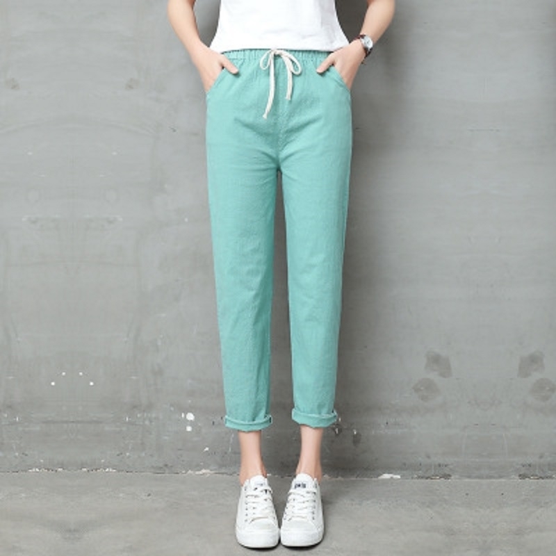 Cotton Linen Ankle Length Pants Women Spring Summer Casual Trousers Pencil Casual Pants Harem Women's Trousers High Waist Bottom 201109